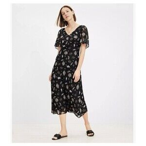 New LOFT Midi Dress Black Seashell Shell Print Metallic Clip Dot Flutter 8